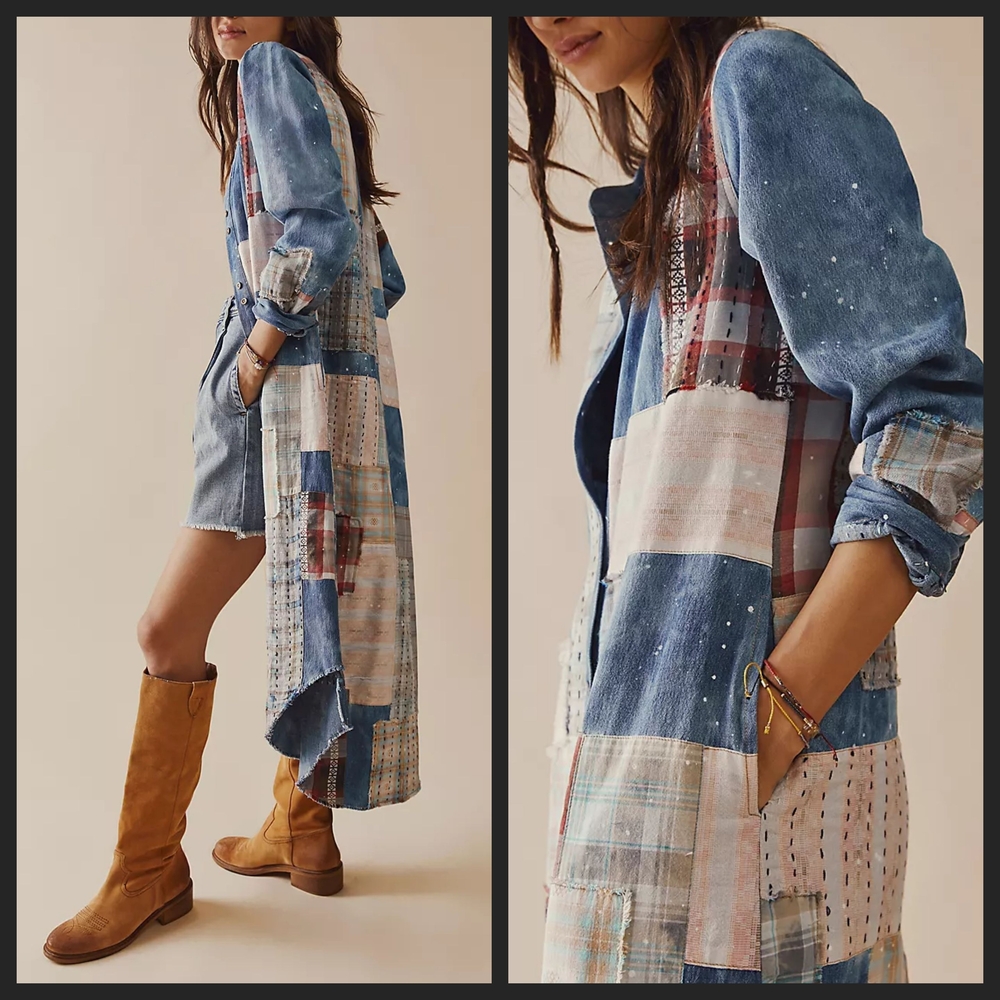 We The Free People PHOENIX patched Patchwork distressed Maxi Shirt Dress Duster - Picture 3 of 15